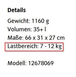 Die Details eines Rucksack; der Lastbereich ist rot umfasst