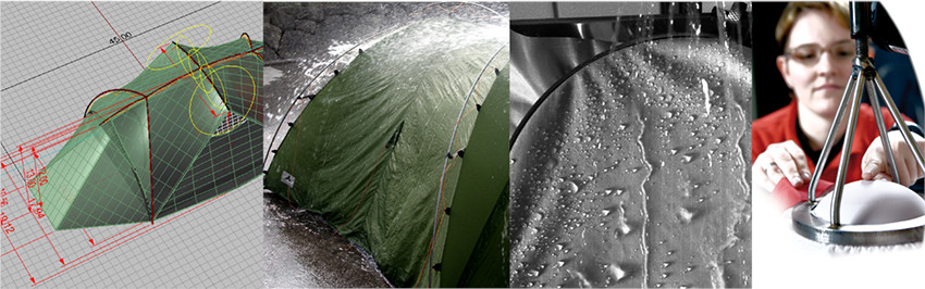 Eine Collage, die Impressionen aus der Produktentwicklung geben – von der Zeichnung bis zum Regen-Test