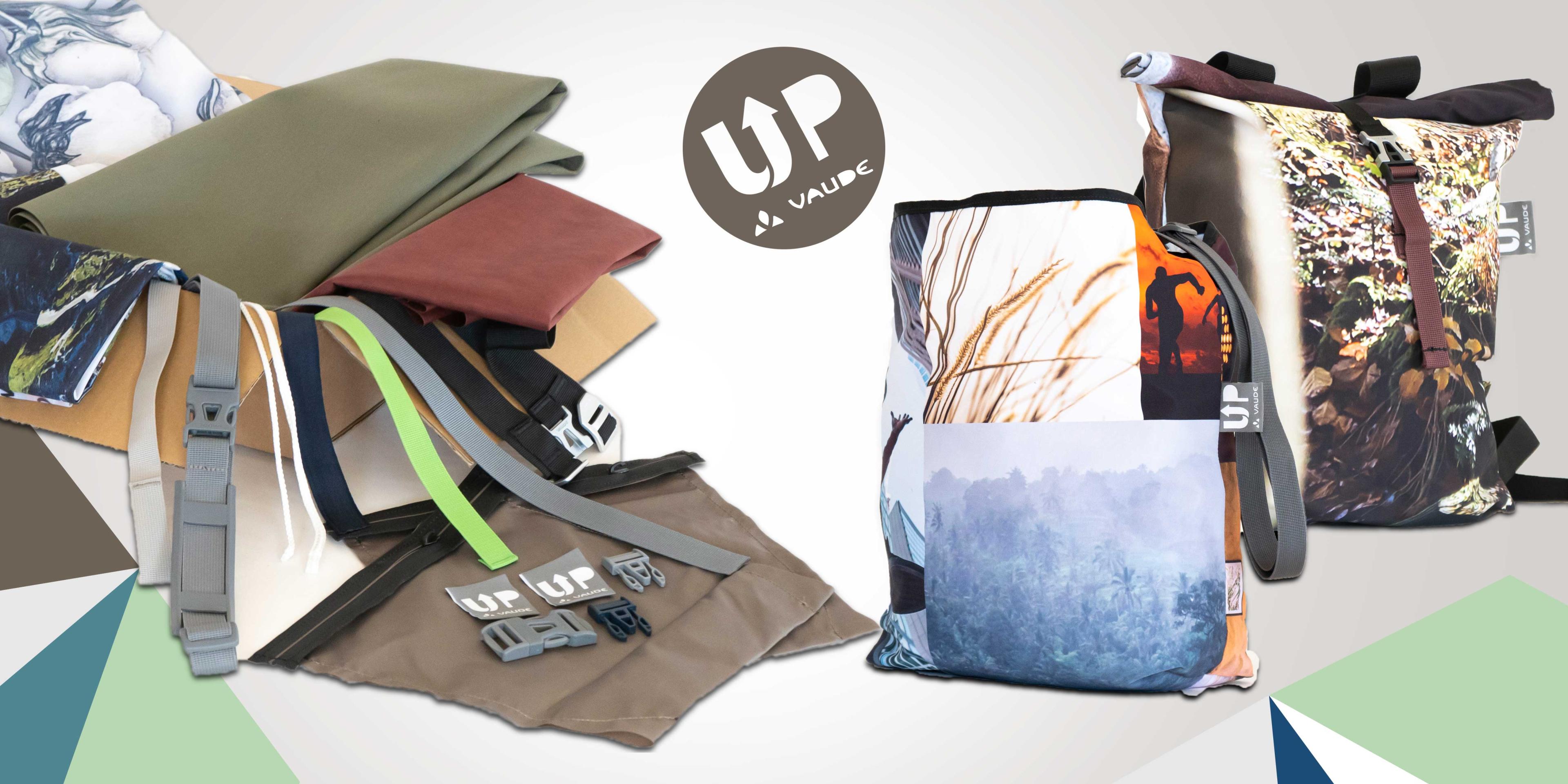 Upcycling Rucksack und Umhängetasche neben DIY-Materialien