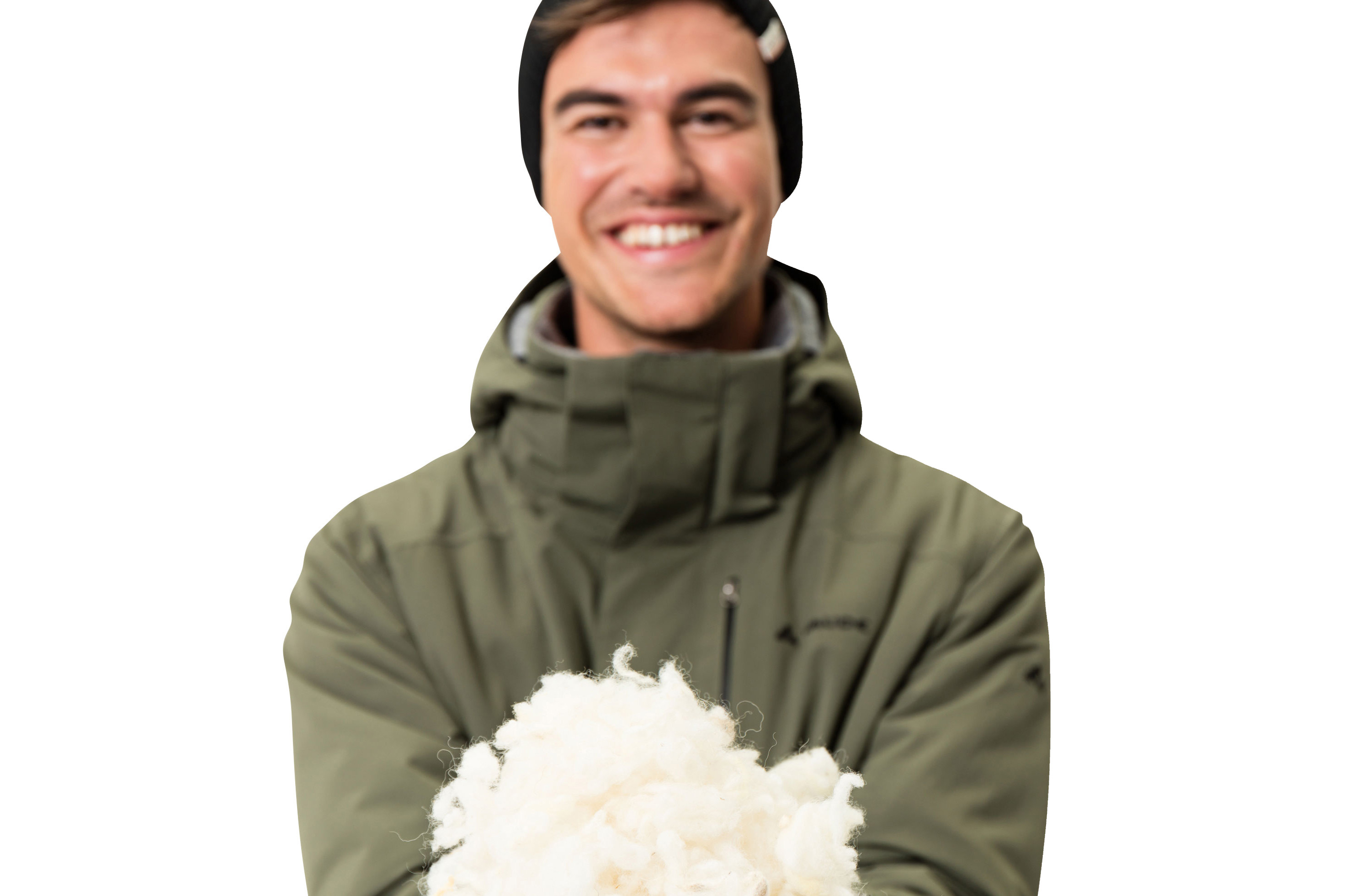 Herrenmodel mit VAUDE Wanderjacke hält Schurwolle in die Kamera.